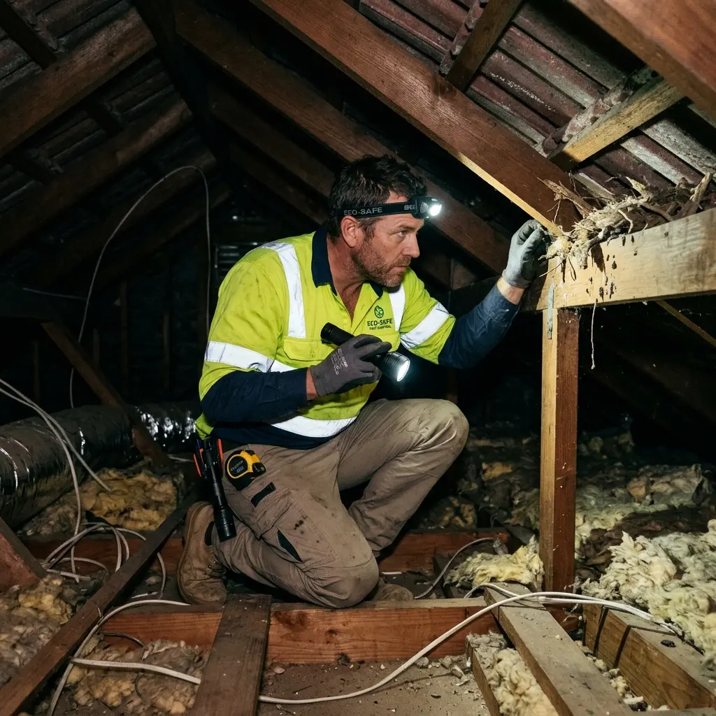 Technician inspecting a roof cavity for a dead animal in Glen Iris